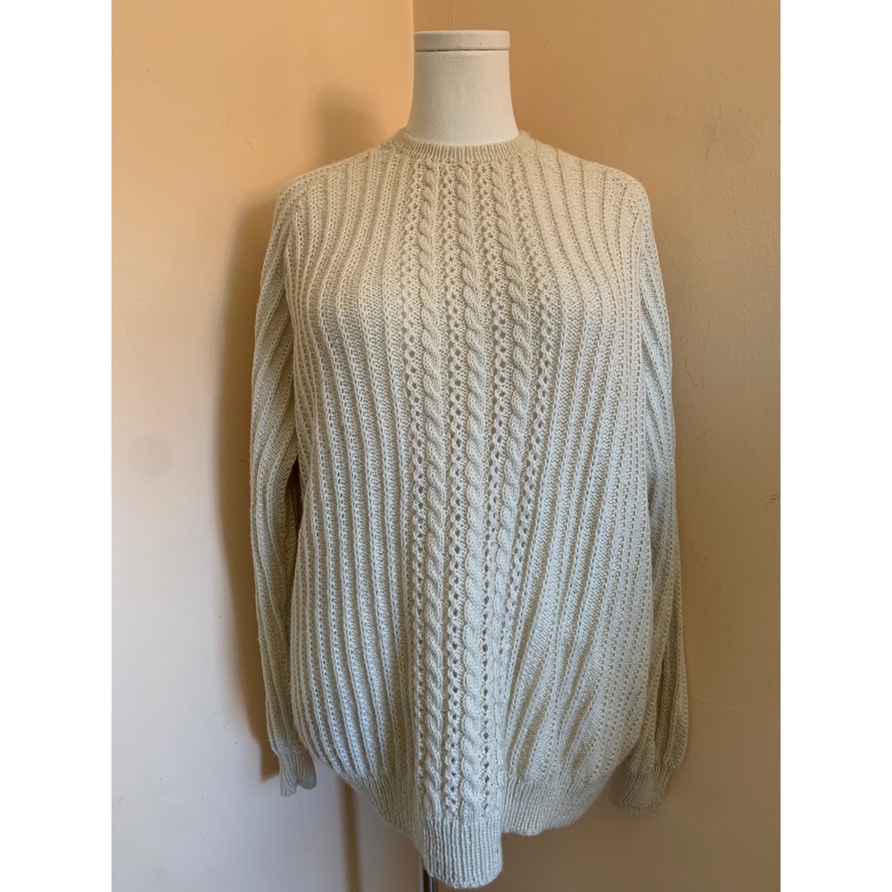 Vintage Cream Cable Hand Knit Crewneck Sweater Button Back Ribbed Pullover
